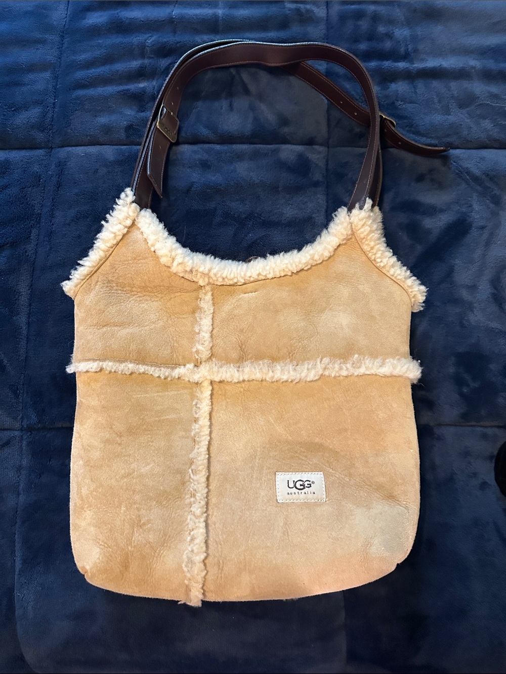UGG Chestnut Suede Shearling Shoulder Bag with Dark Brown Straps